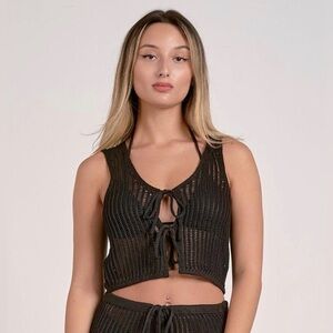 NWT Sensea Crochet Tie-Front Crop Top Black Boho Festival Small